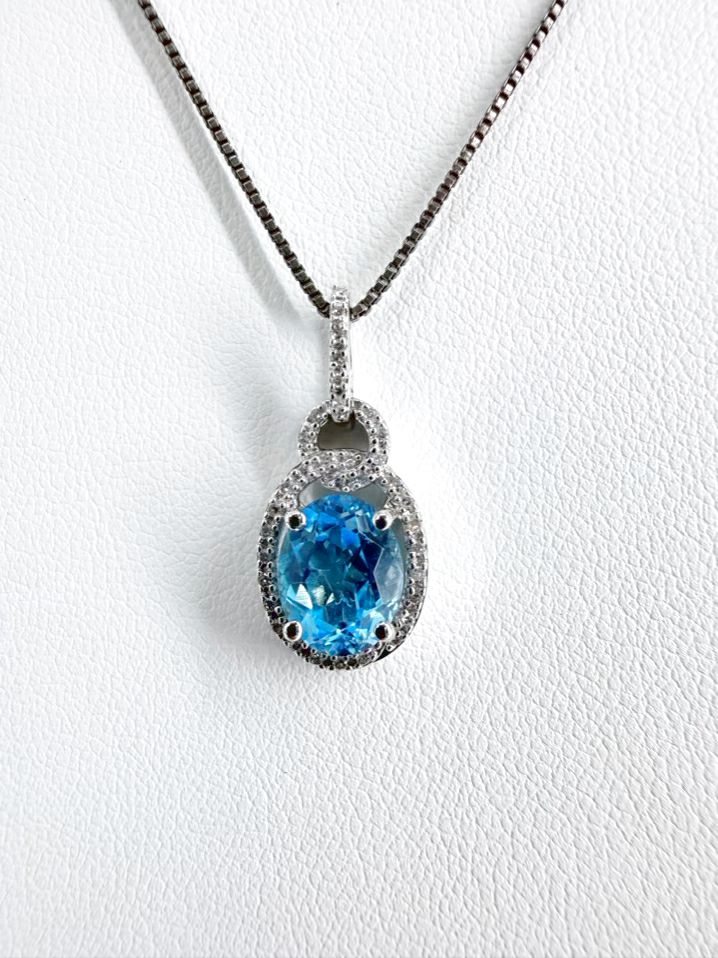 STERLING SILVER Blue Topaz & Diamond Oval Necklace & Earring Set