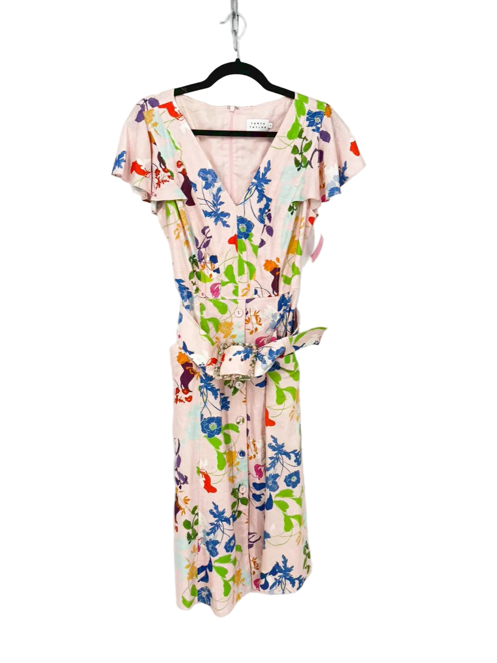 TANYA TAYLOR Size Wmn's 6 Peach Linen Blend Belted Floral Midi-Dress