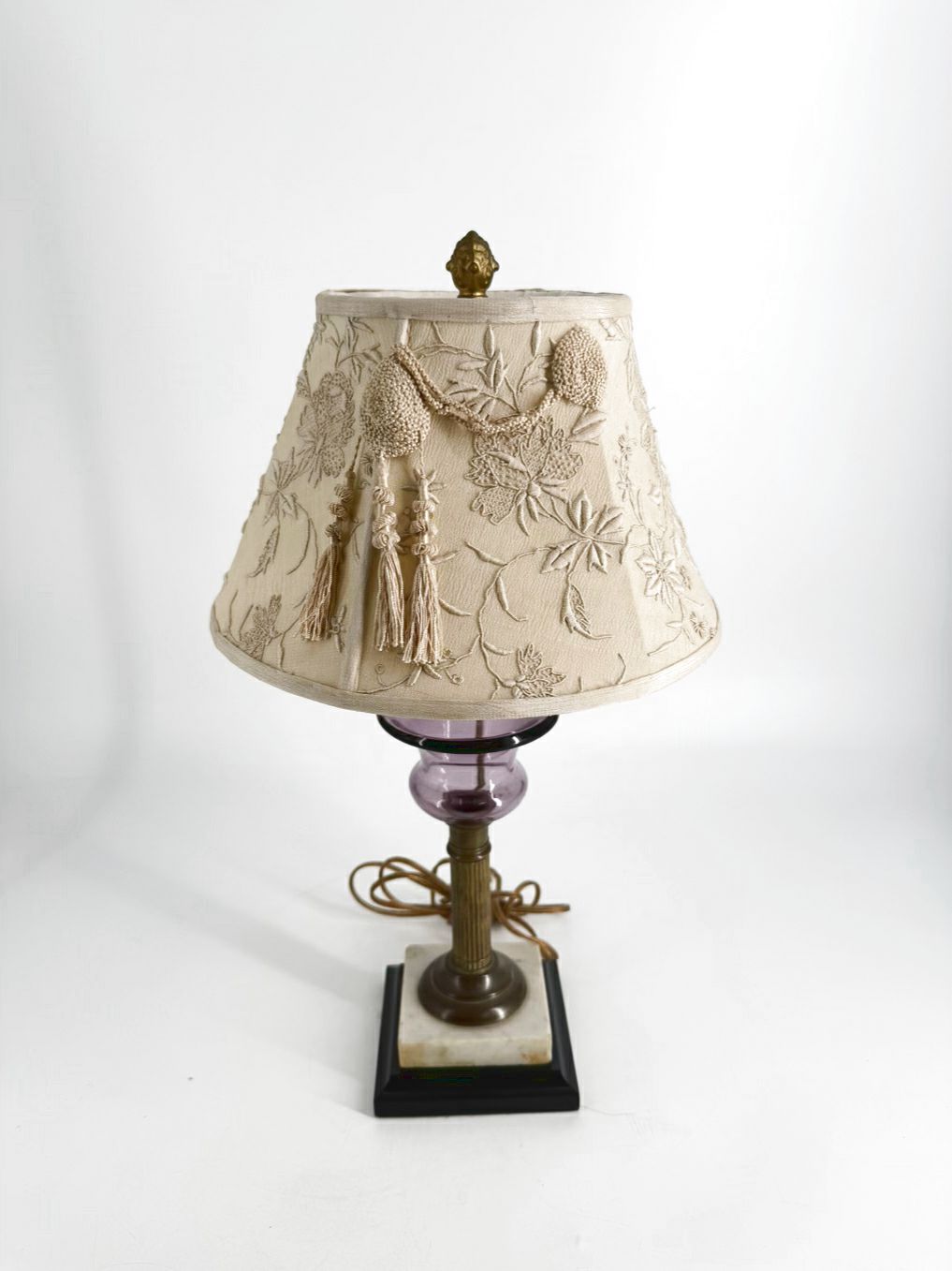 ANTIQUE Purple Glass, Brass, & Marble Lamp w/ Needlework Shade
