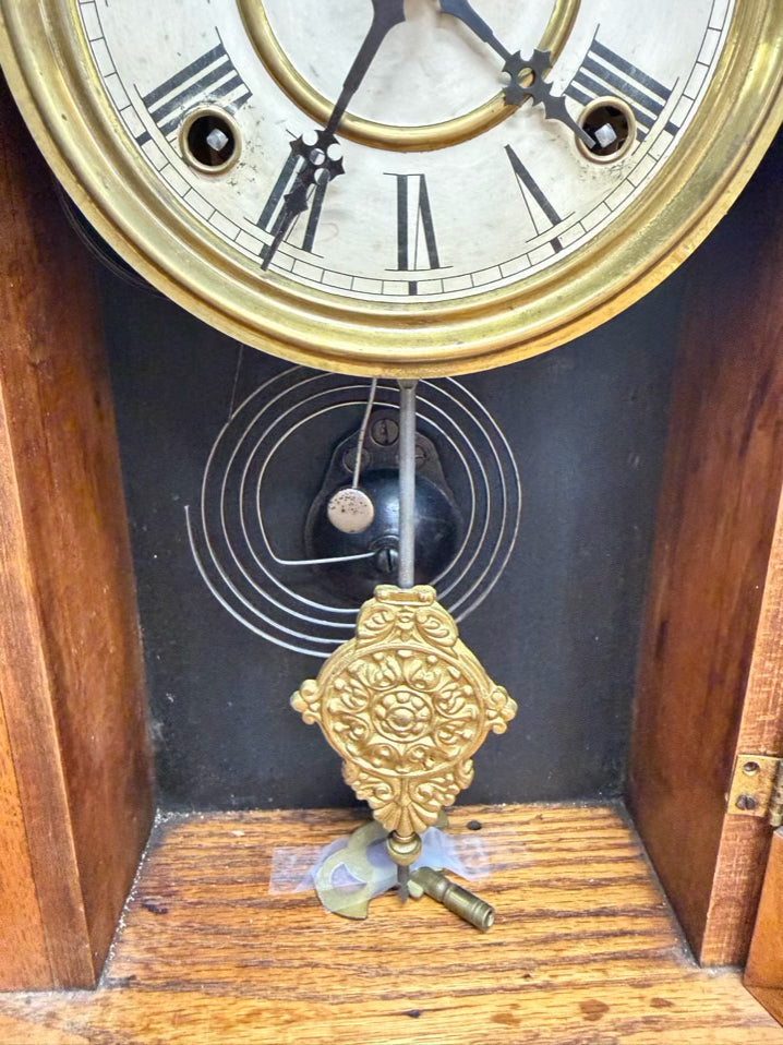 ANTIQUE Medium Oak Clock w/ Gold Bird Design