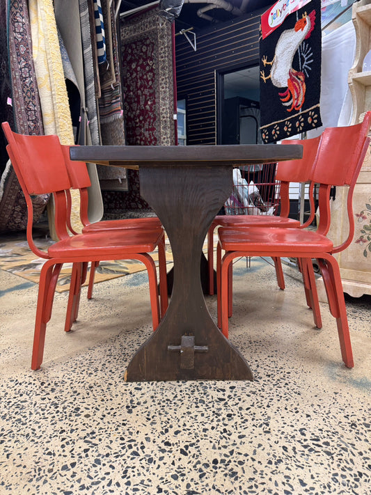 VINTAGE Brown Trestle Table w/ 4 Orange Chairs