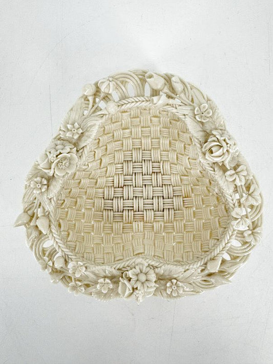 BELLEEK Ivory Porcelain Raised Flower Basketweave Dish