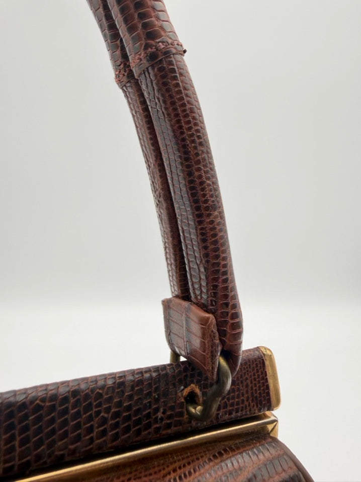 VINTAGE BELLESTONE 1950's Brown Lizard Embossed Top Handle Purse