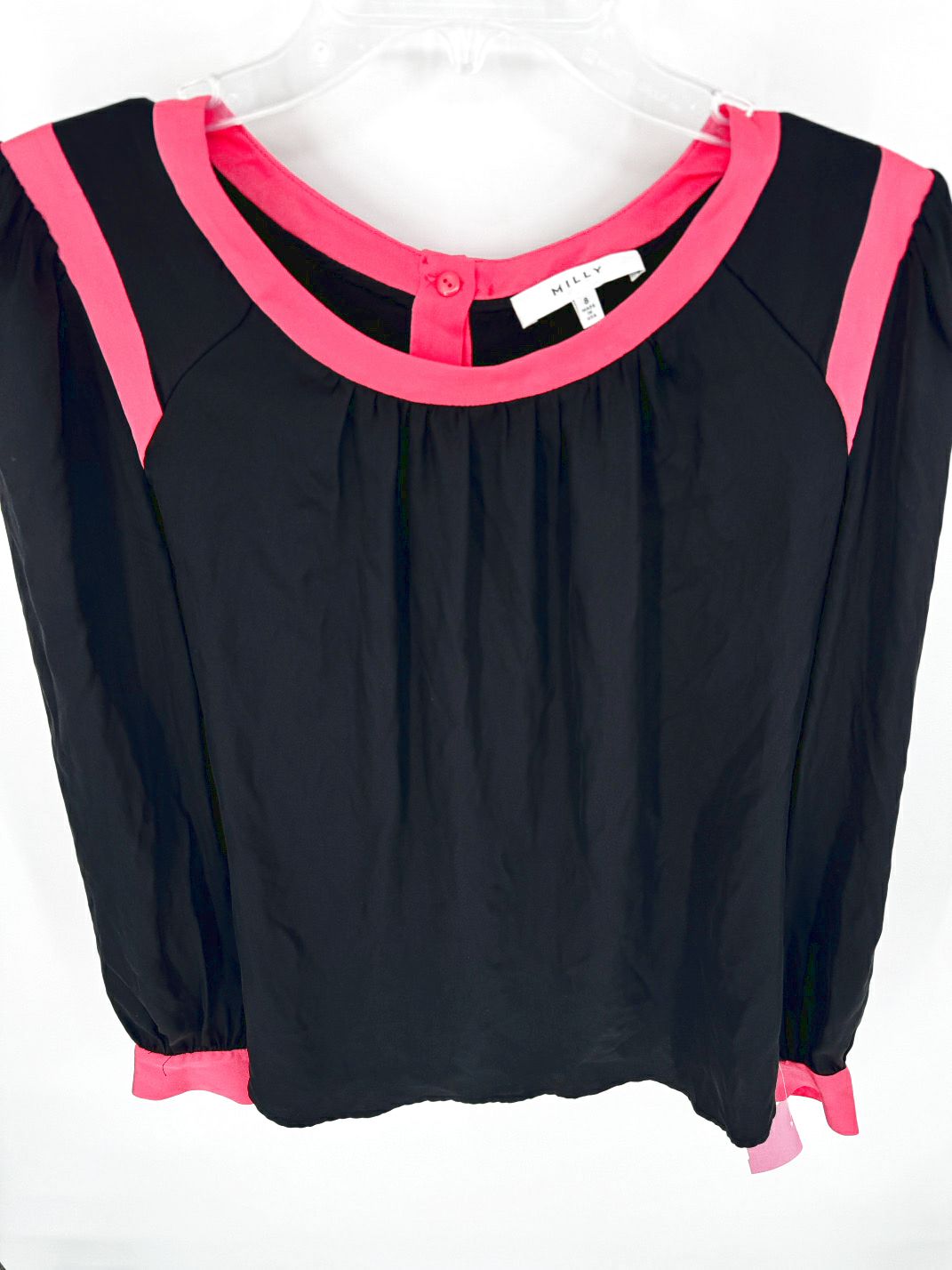 MILLY Size 8 Black & Pink Silk Bow Back Blouse
