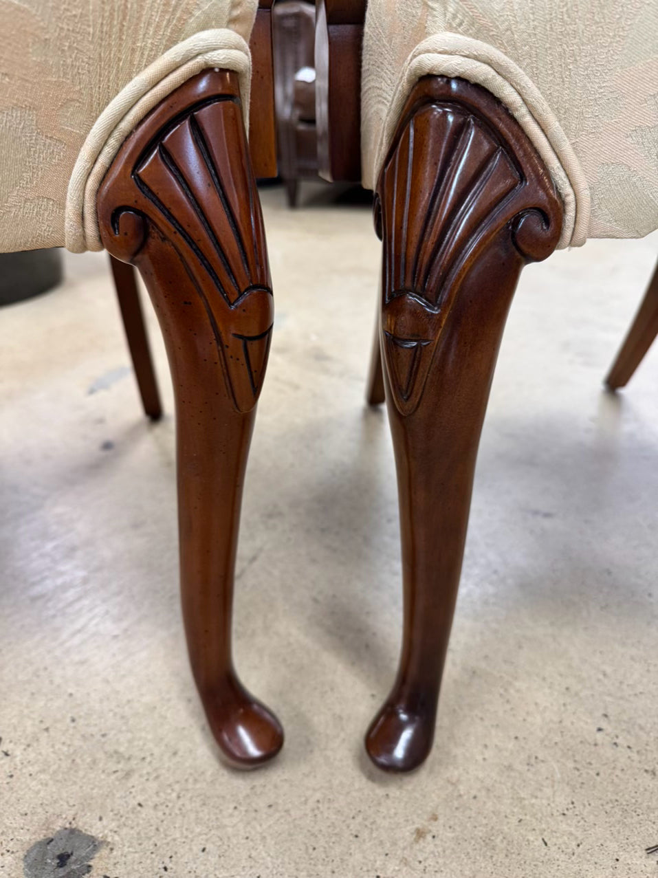 CENTURY Yellow Damask Upholstered Wood Queen Ann Pair of Chairs