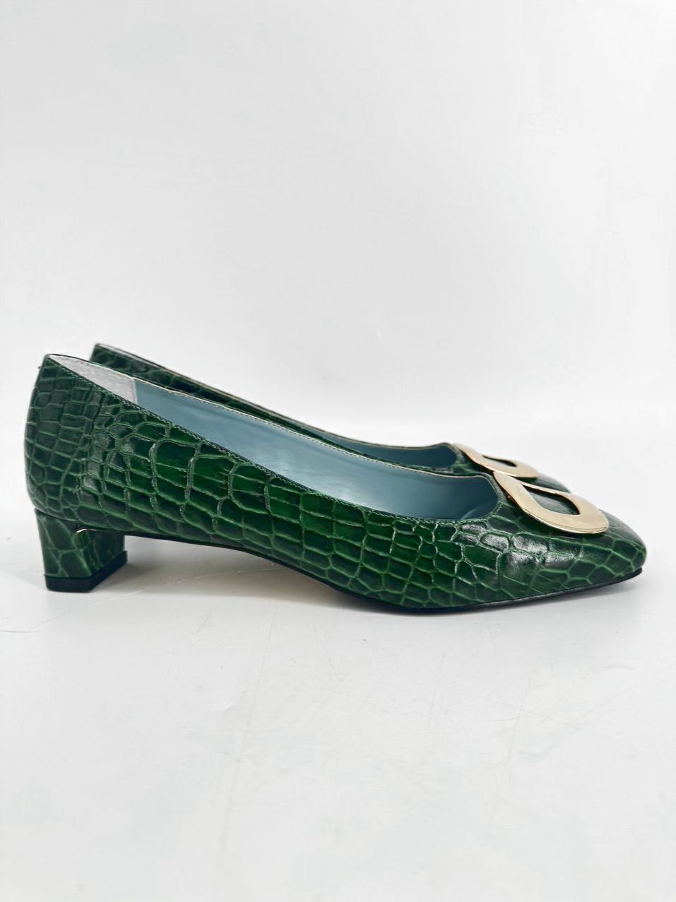 FRANCES VALENTINE Size 7.5 Green Embossed Leather Kitten Heels
