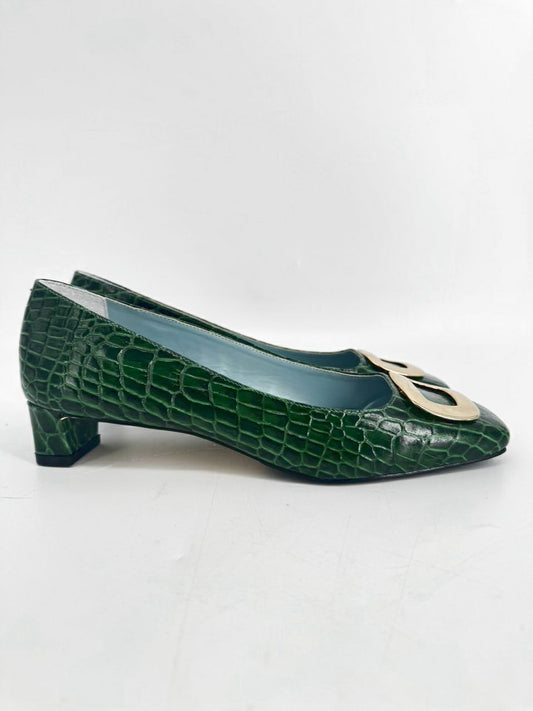 FRANCES VALENTINE Size 7.5 Green Embossed Leather Kitten Heels