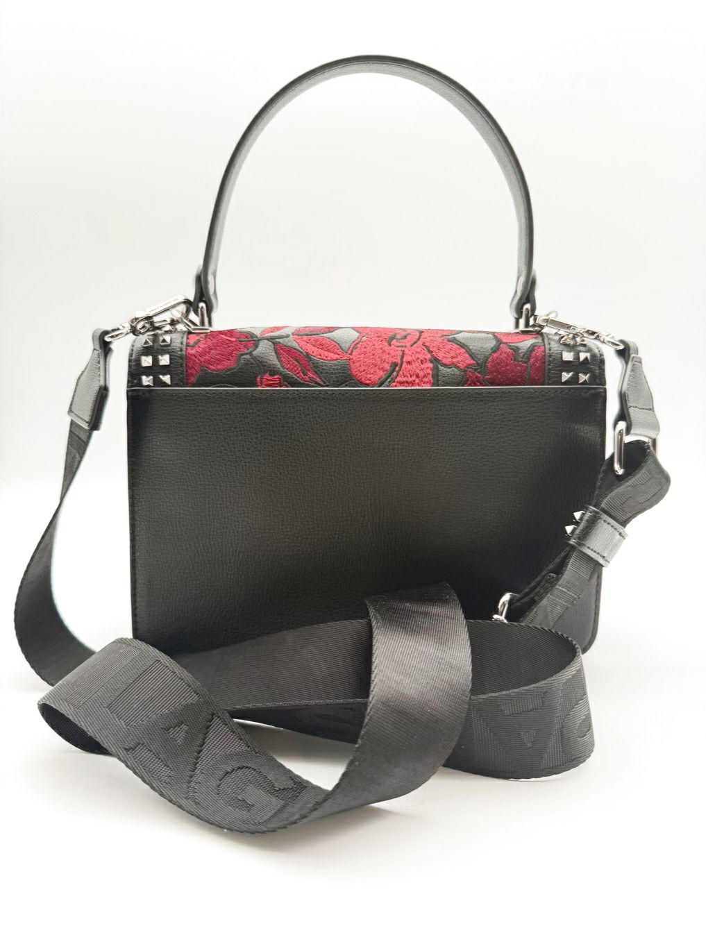 KARL LAGERFELD Simone Black & Red Leather Floral Flap Crossbody Purse