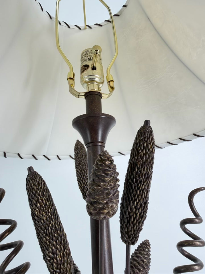 Brown Metal Cat Tail & Pine Cones Lamp w/ Shade
