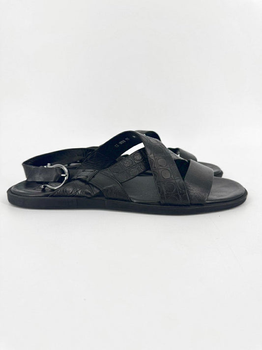 SALVATORE FERRAGAMO Size 11 Black Leather Logo Sandals