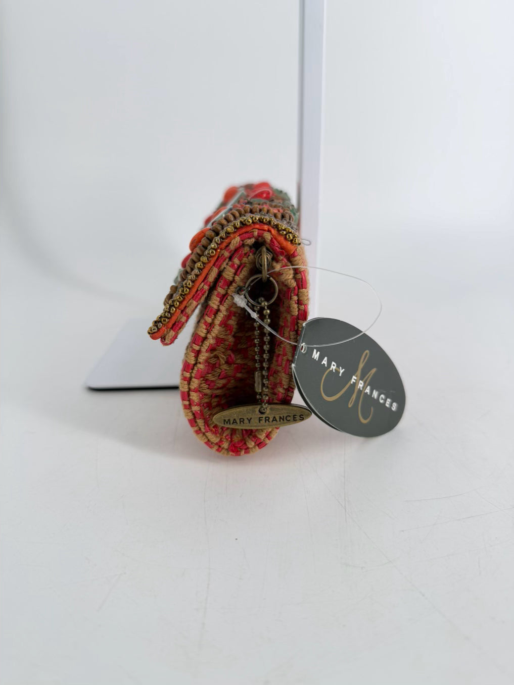 MARY FRANCES Orange, Blue & Pink Fabric & Beads Beaded Clutch Bag NWT