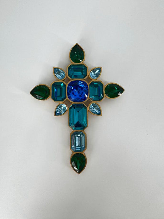 MARY FROST Gold Tone Colorful Rhinestones Cross Brooch