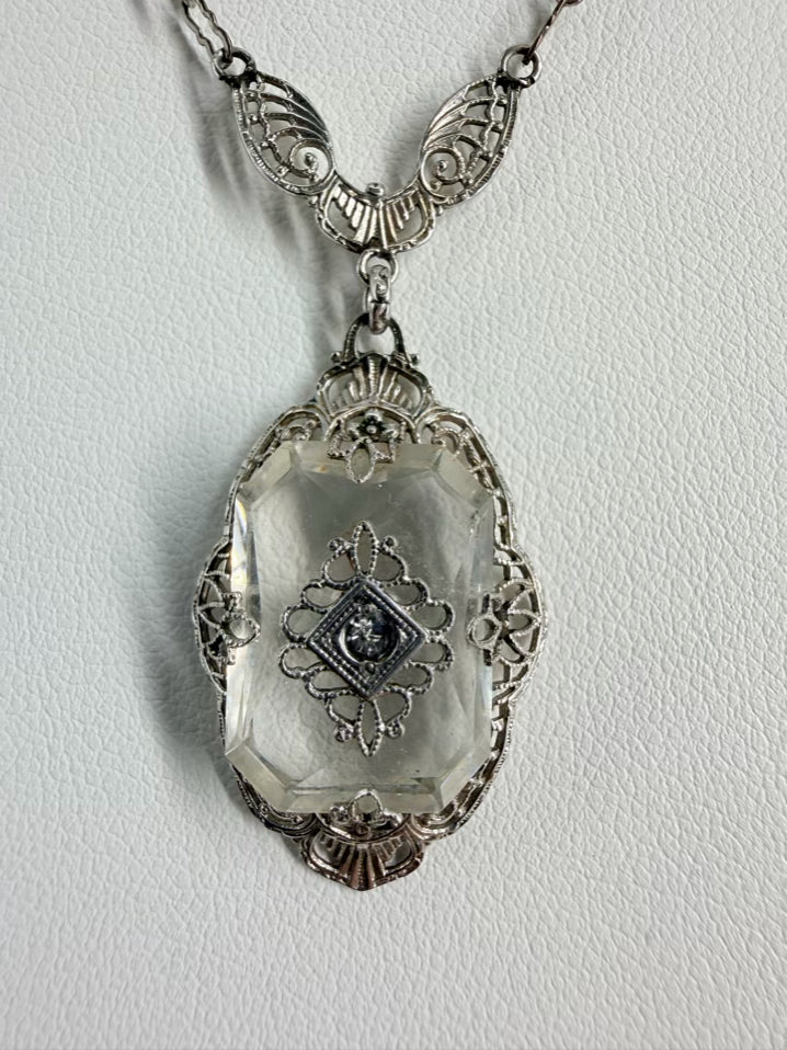 Silver Like Clear Emerald Cut Art Deco Necklace