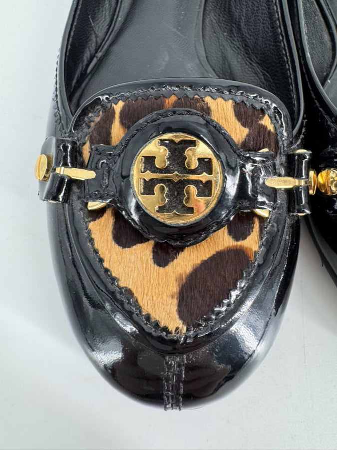 TORY BURCH Size 8 Black Leather Leopard Print Animal Hair Flats
