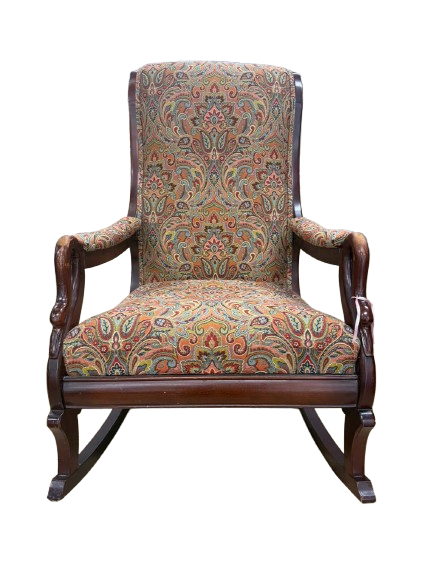 Orange, Blue & Red Paisley Fabric Gooseneck Rocking Chair