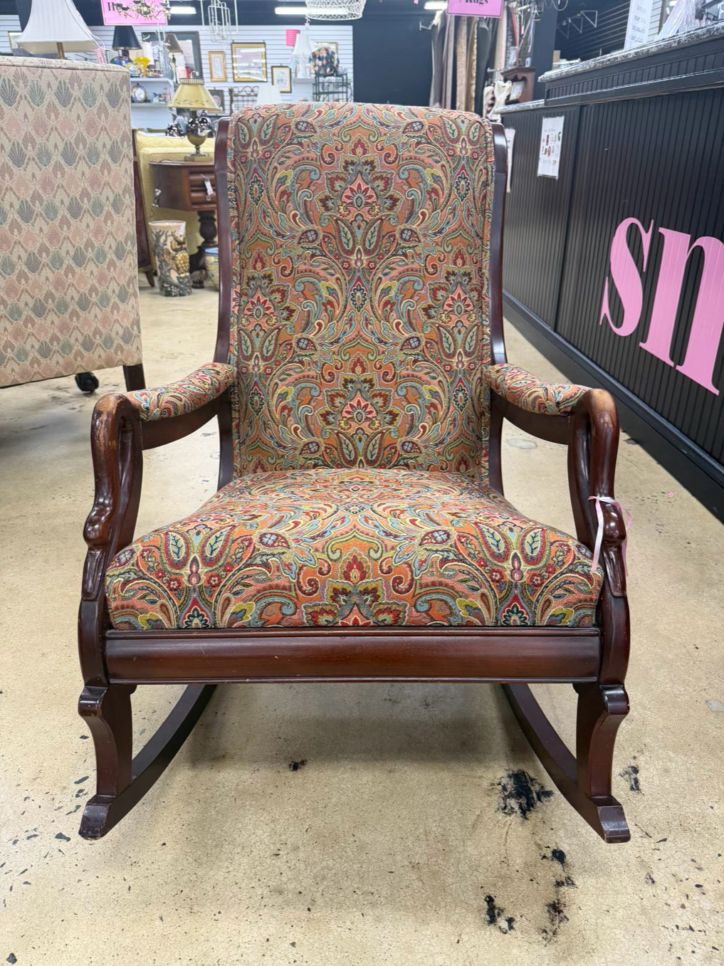 Orange, Blue & Red Paisley Fabric Gooseneck Rocking Chair