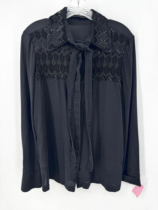 YIGAL AZROUEL Size 10 Black Silk Beaded Detail Tie Neck Blouse