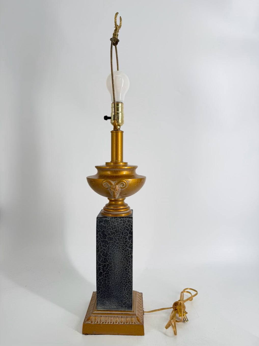 Black & Gold Column Pair Of Lamps w/ Rams Head Design No Shades