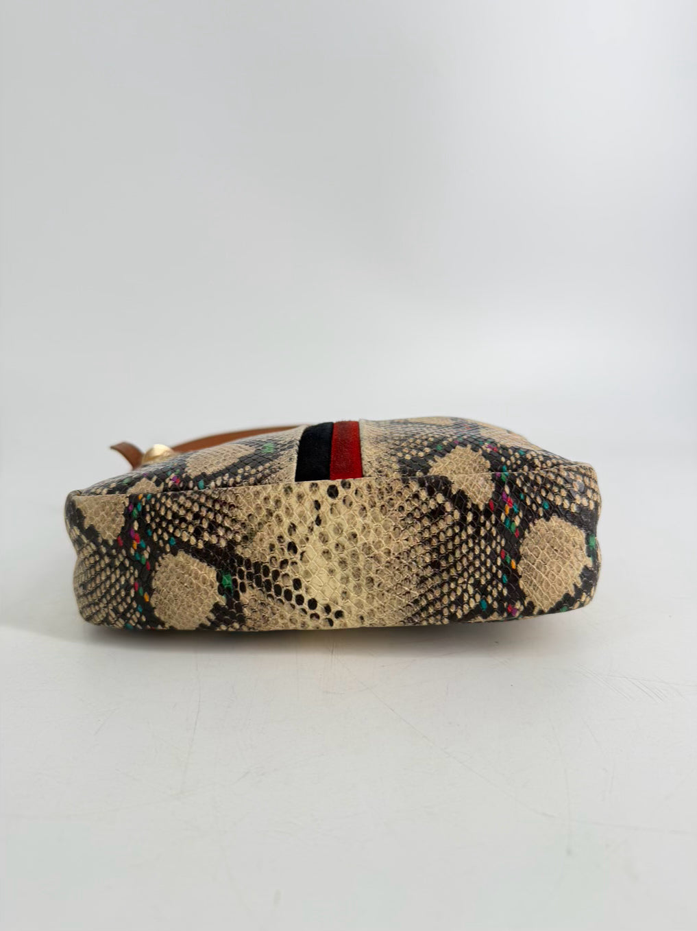 CLARE V. Midi Sac Navy & Red Stripe Snake Embossed Leather Crossbody Bag