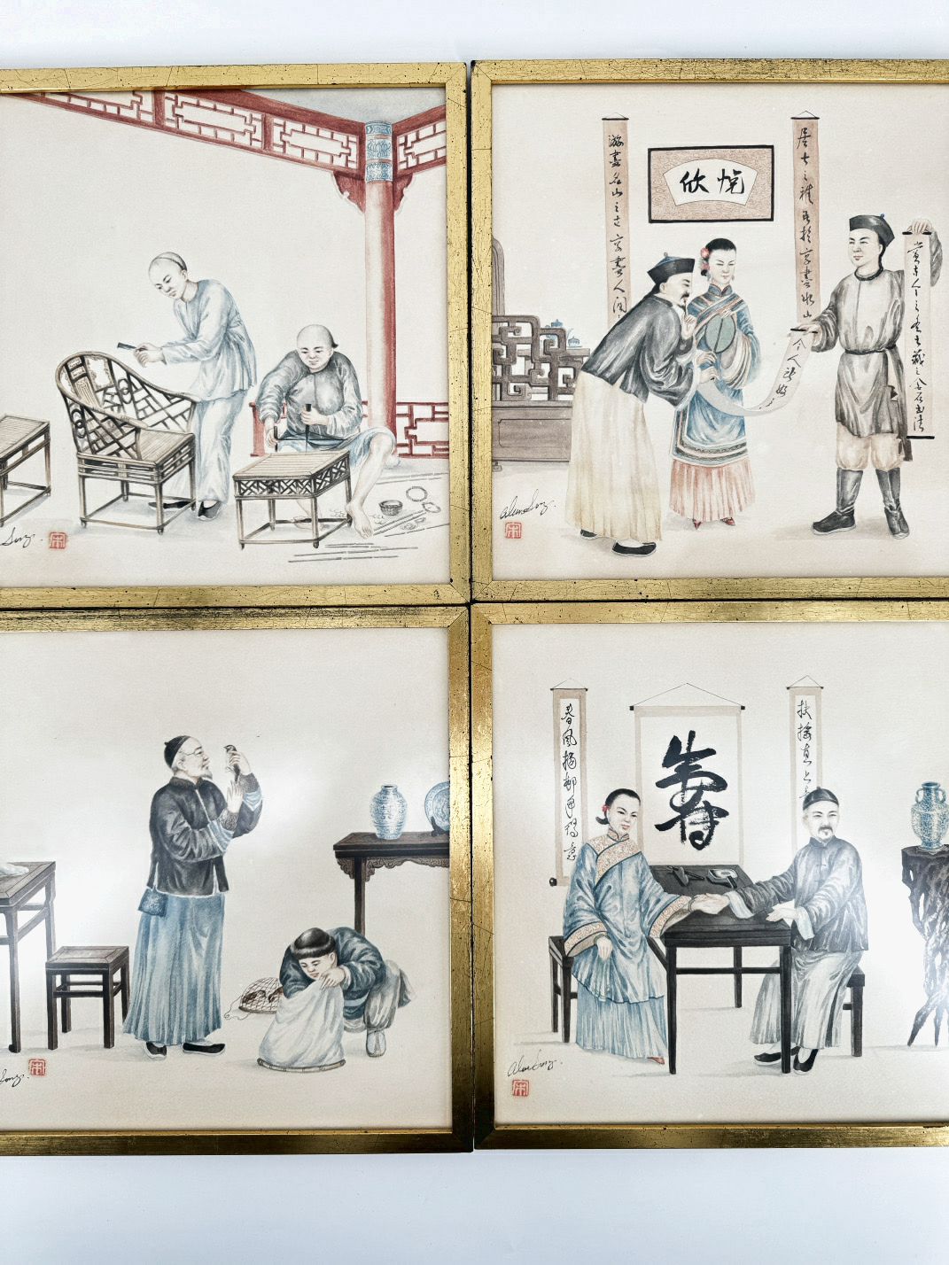ASIAN Set of 4 Watercolor in Gold Frames