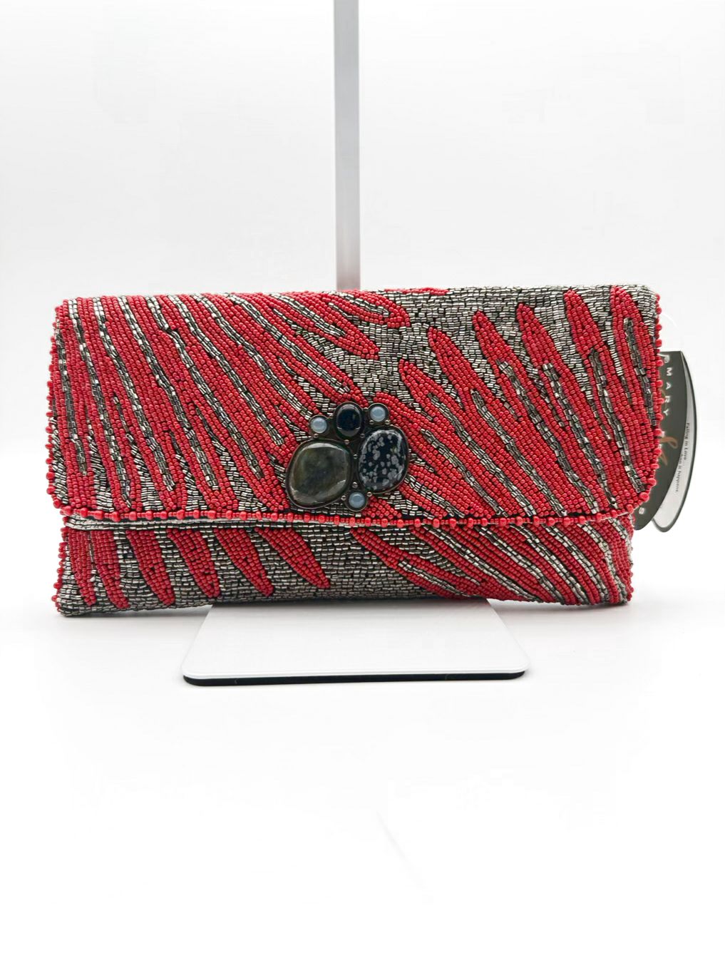 MARY FRANCES Follow Me Beaded Rust & Silver Animal Print Clutch Bag NWT