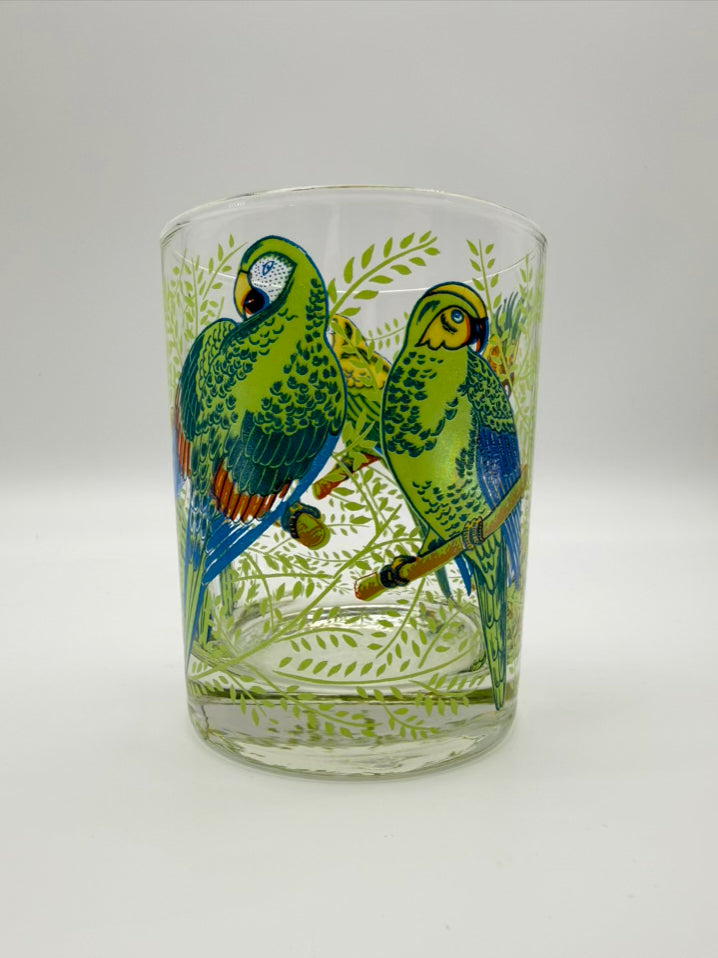 VINTAGE NEIMAN MARCUS Clear, Green & Yellow Set of 6 Tropical Parrot Glasses