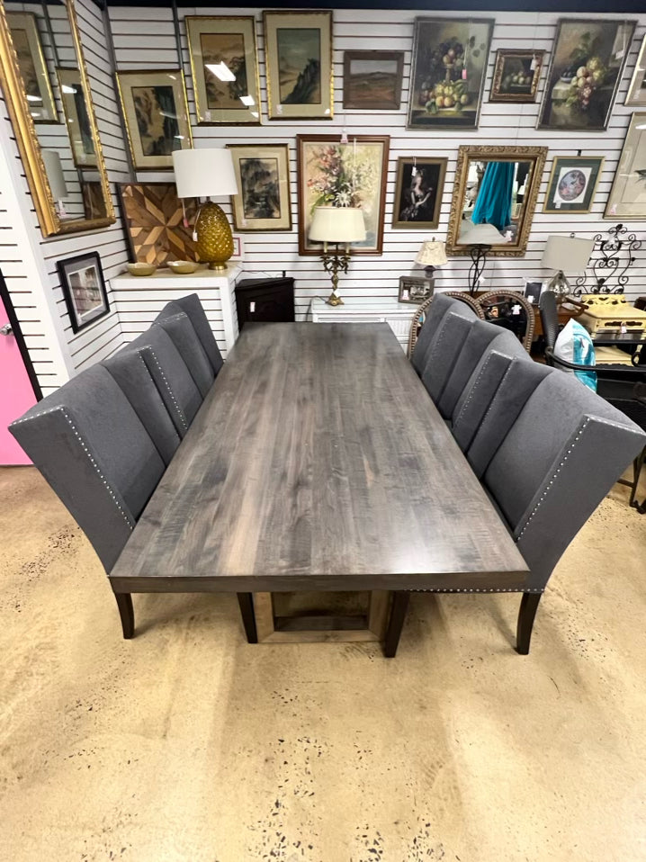Gray Wood Dining Table & 6  Nail Head Chairs