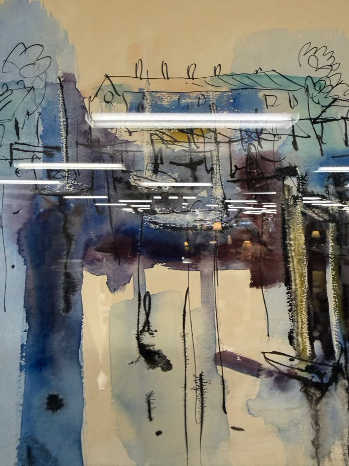 BERKMAN Abstract Waterfront Scene Watercolor In Black Frame