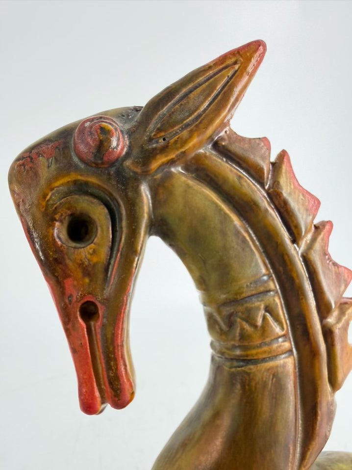 VINTAGE Green & Orange Pottery Sea Horse Sculpture