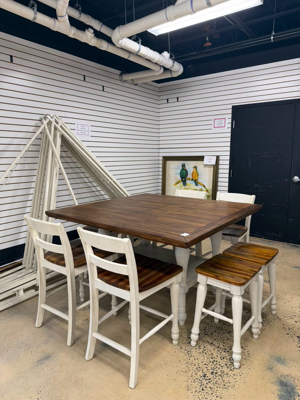 Brown & White Counter Height Wood Dinning Table w/ 4 Barstools & 4 Backed Barstools