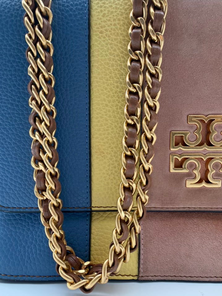 TORY BURCH Brown, Blue & Yellow Britten Stripe Leather Purse