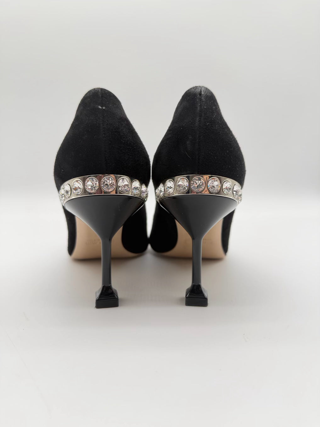 miu miu Size 8.5 Black Leather Crystal Detail Kitten heels
