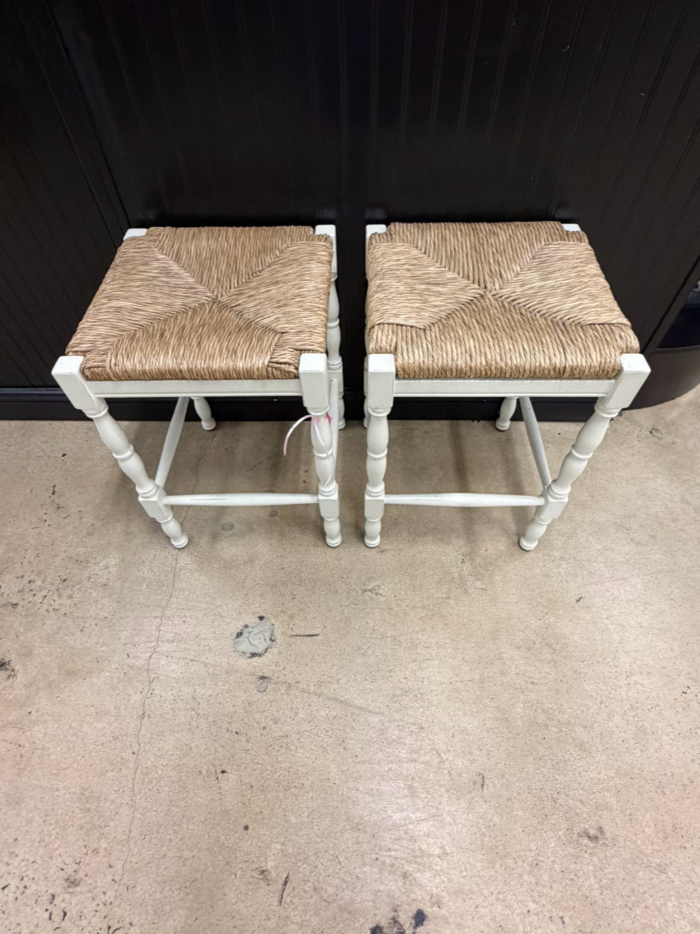 BALLARD DESIGN Cream Wood Pair Of Bar Stools w/ Rush Seats