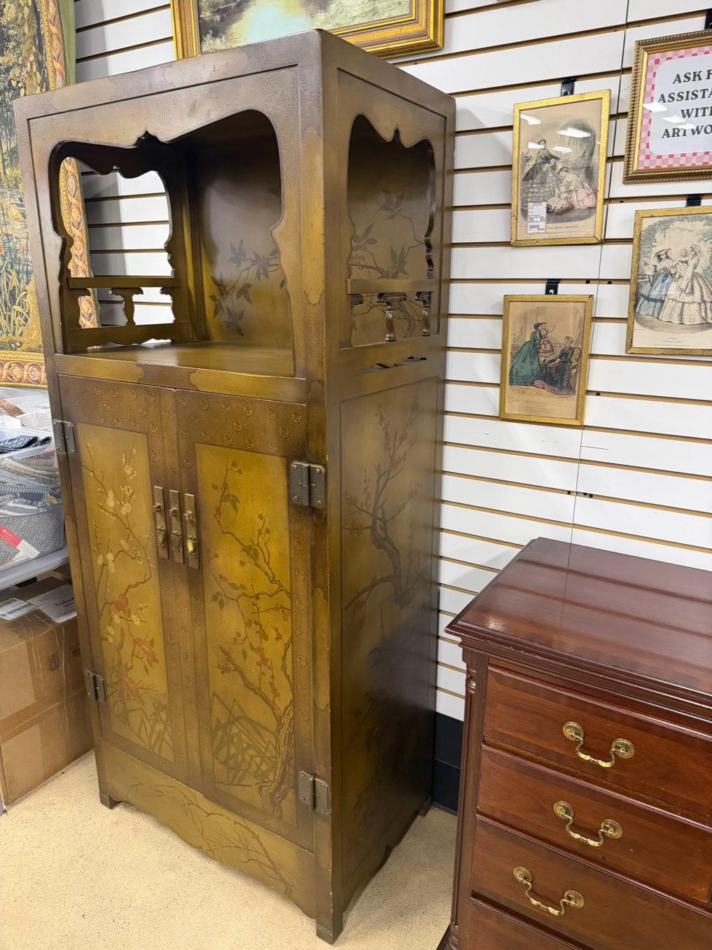 Gold & Red Wood Asian Inspired Tree Cabinet w/ Open Upper Shelf