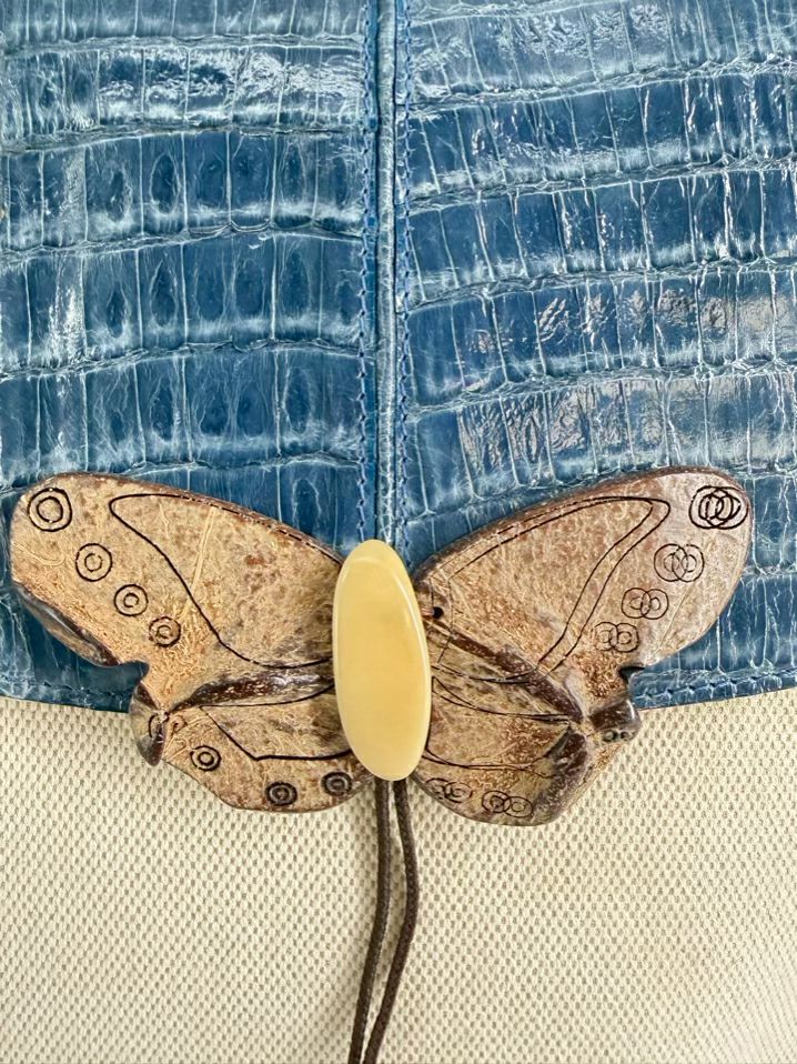 VINTAGE MARIO HERNANDEZ Canvas & Crocodile Embossed Leather Butterfly Shoulder Bag