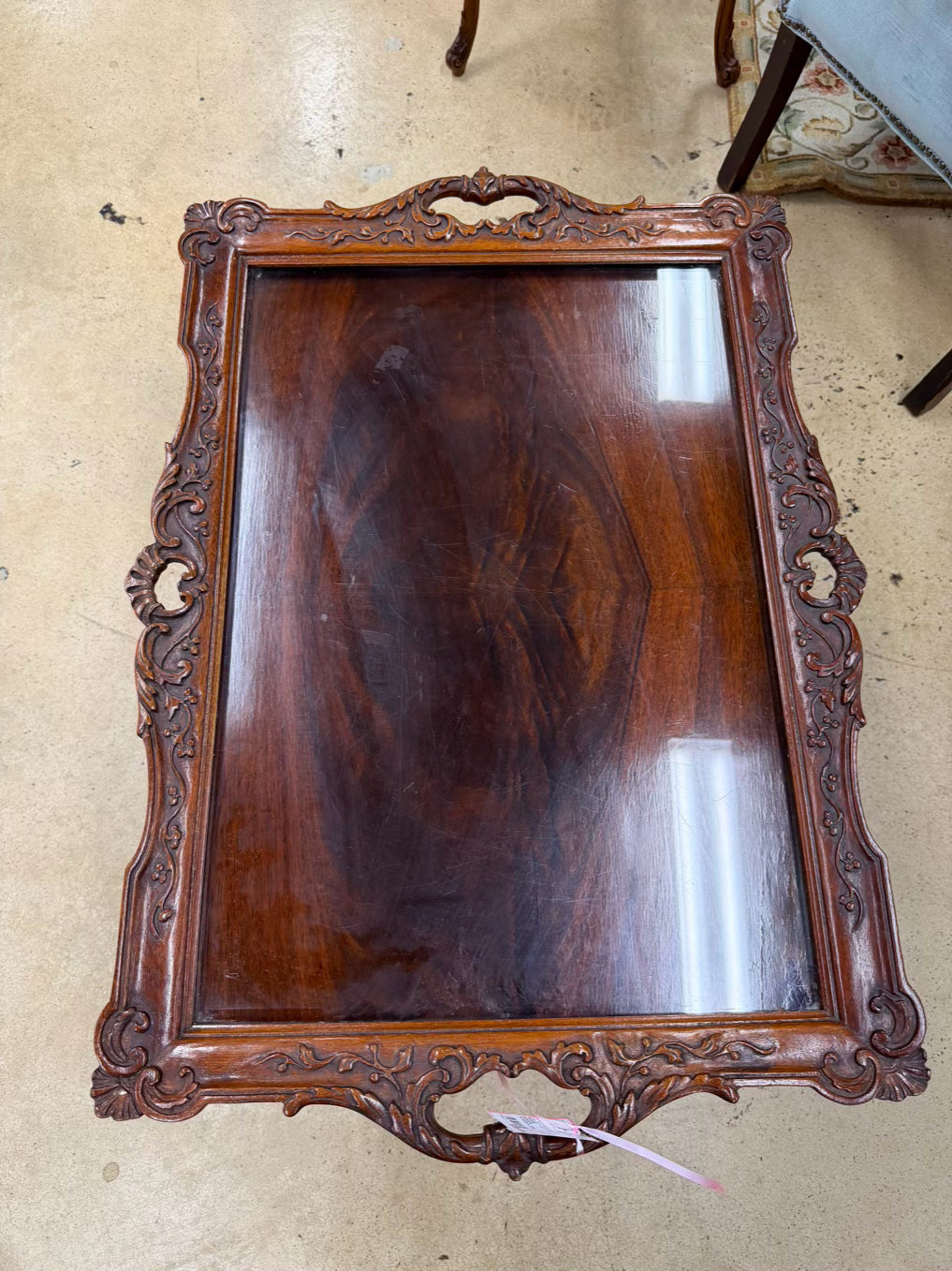 ANTIQUE Queen Ann Wood Carved Coffee Table w/ Removable Glass Serving Tray