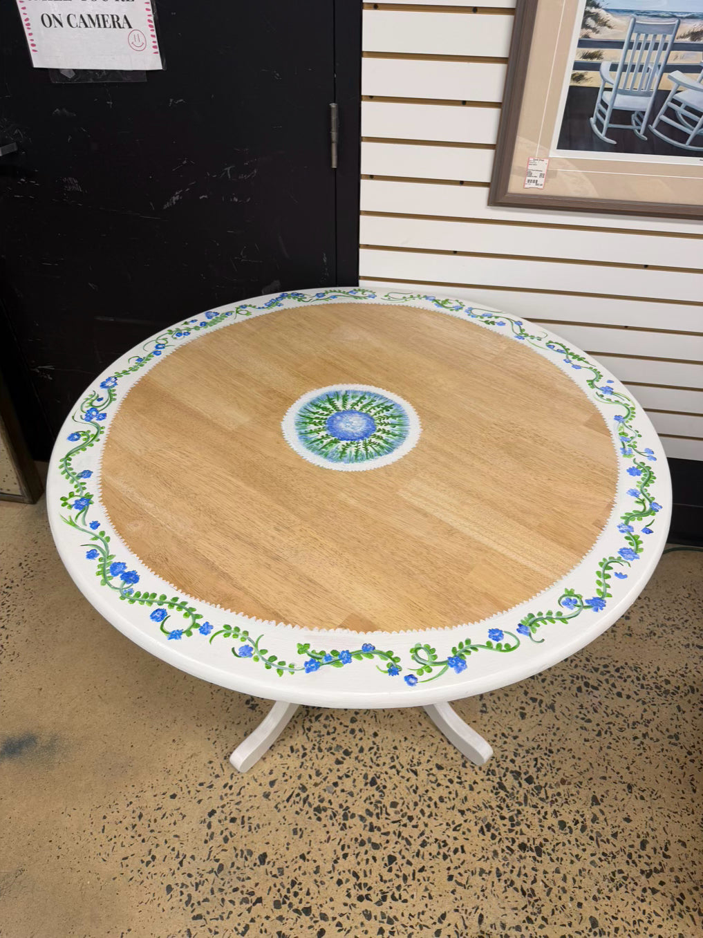Blue, White & Green Natural Wood Hand Painted Boarder Round Table
