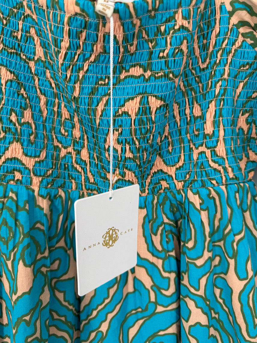 ANNA CATE Size M Turquoise Print Rouching Violet Blouse NWT