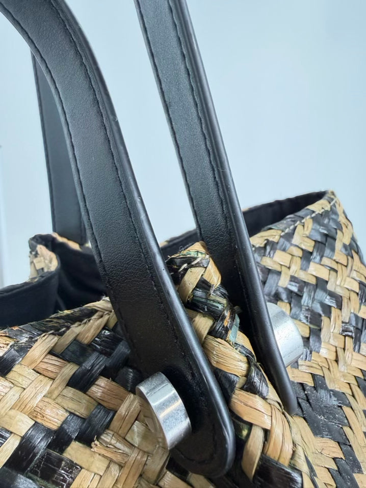 ALLSAINTS Black & Natural Raffia Woven Tote Bag