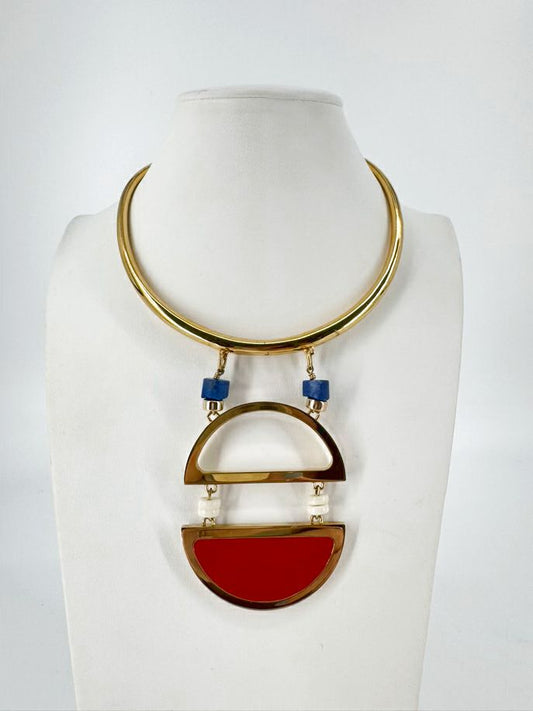 LIZZIE FORTUNADO Red, Blue, & Gold Tone Geometric Statement Necklace