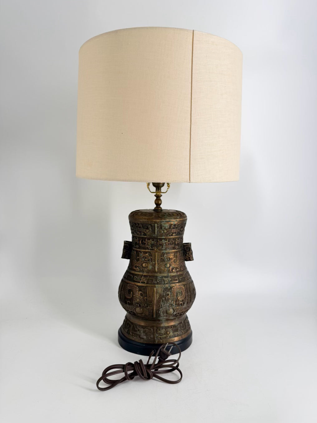 Bronze Asian Wine Vessel Style Lamp w/ Shade