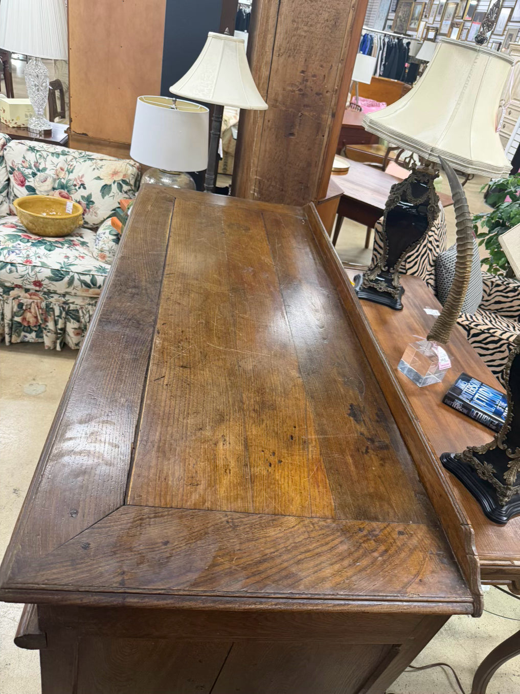 ANTIQUE Medium Dark Oak French Side Board w/ Large Brass Trim