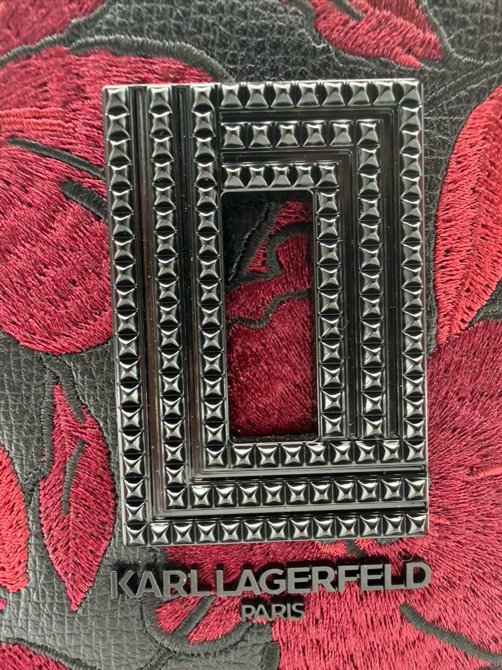 KARL LAGERFELD Simone Black & Red Leather Floral Flap Crossbody Purse