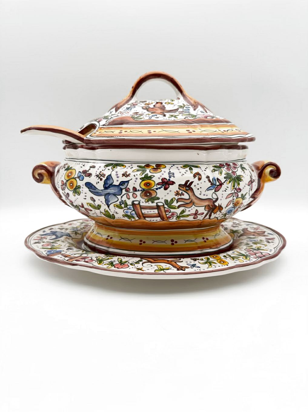 HOLU PORTUGAL Brown & Yellow Pottery Hand Painted Soup Tureen