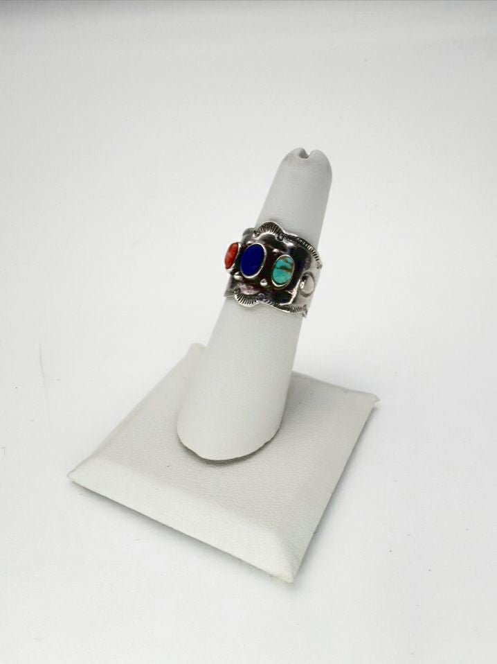 Lapis, Turquoise, Coral 925 Stampwork Ring