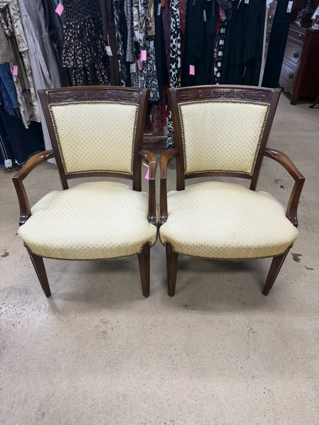 Wood Nail Head Pair Of Yellow Side Chairs