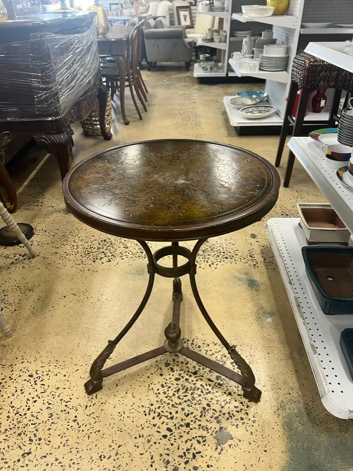 Brown Metal Occasional Table w/ Embossed Design on Table Top