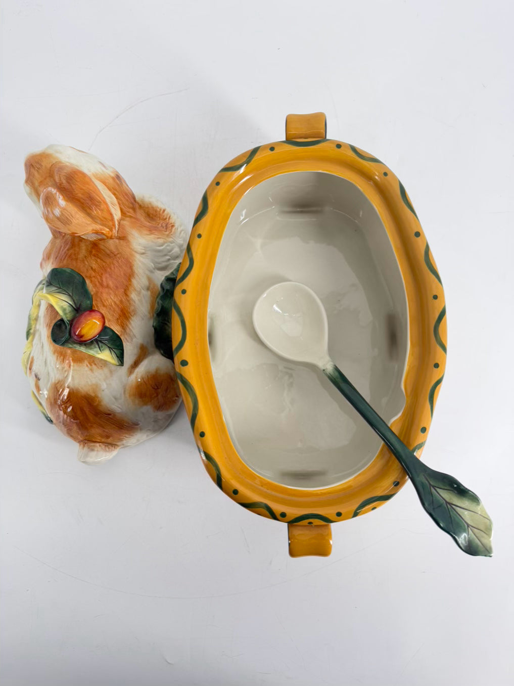 FITZ AND FLOYD RICAMO White, Yellow & Blue Rabbit Figural Soup Tureen w/ Ladle
