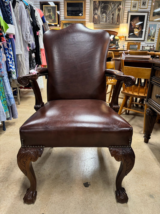 Queen Ann Burgundy Brown Leather Ball & Claw Foot Chair