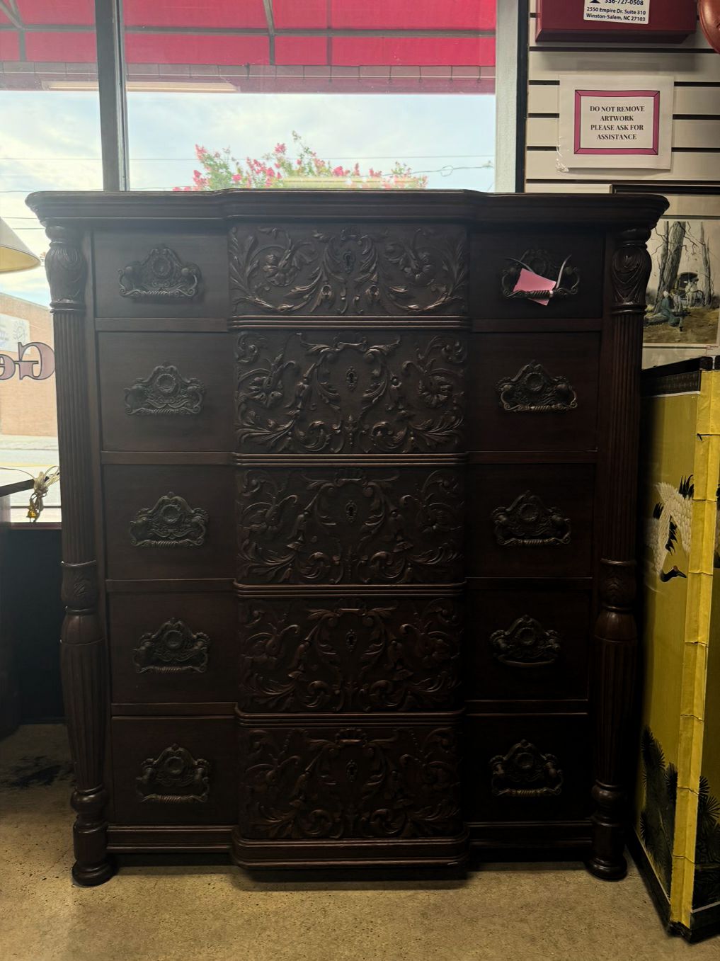 VINTAGE Wood Carved Ornate 5 Drawer Chest
